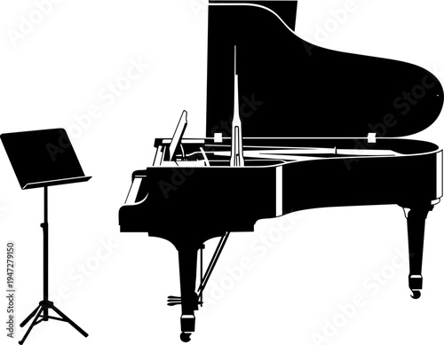 Elegant black silhouette of a grand piano with a music stand, perfect for classical concert posters, jazz music events, and creative musical education designs.