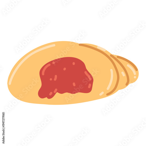 Half of croissant with red jam inside. Pastry element, sweet food, French breakfast