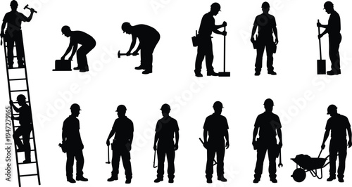 Construction workers silhouettes with tools, ladder, wheelbarrow, teamwork, labor, industry, building, engineering, safety, occupation, workforce, diverse tasks, manual work, development