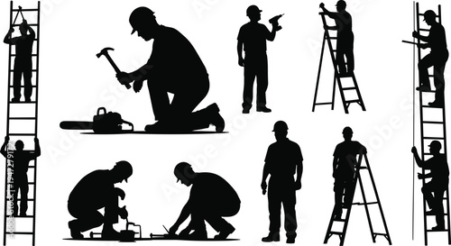 Construction workers silhouettes, building tasks, ladder climbing, tool usage, hammer drilling, sawing, maintenance work, industrial labor, teamwork, safety, physical effort, job site activities