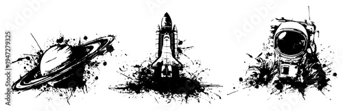 Space exploration elements including Saturn rocket and astronaut helmet with artistic ink splashes in expressive ink style