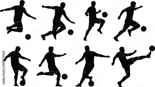 Black soccer player silhouettes, dynamic football vector illustration, athletes kicking, dribbling, striking ball, sports action design elements, athletic movement icons