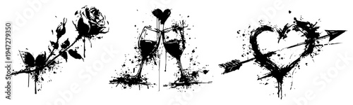 Romantic symbols collection featuring a rose wine glasses and heart with arrow in expressive ink style