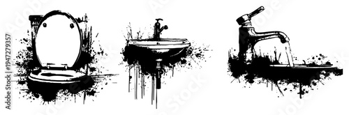 Toilet sink and faucet with grunge ink splatters in monochrome sketch style
