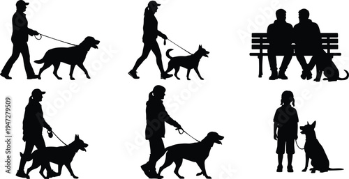 Black silhouette people walking dogs on leash, sitting with pets, child holding leash, companionship, outdoor activity, animal friendship vector illustration