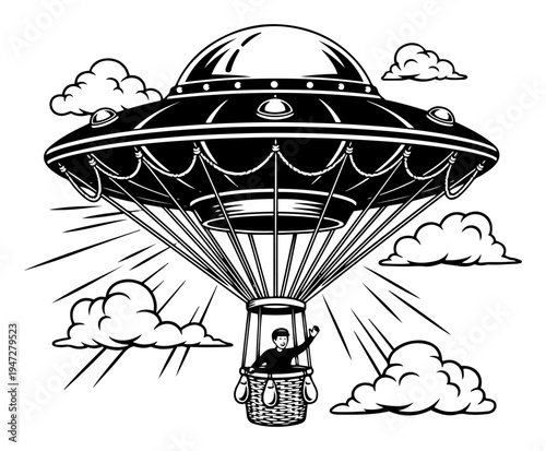 Flying saucer UFO acting as hot air balloon with basket in vintage engraving style