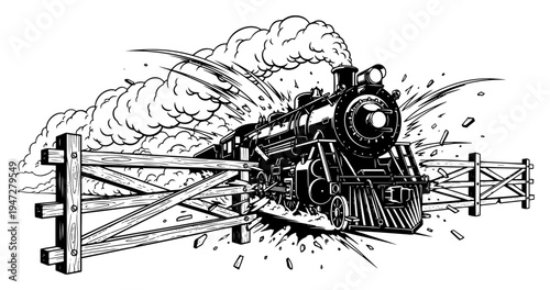 Steam locomotive train crashing through wooden barrier in dynamic vintage engraving style