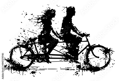 Couple riding a tandem bicycle together with ink splatters in grunge style