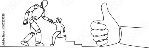 Robot assists person on stairs with thumbs up symbol