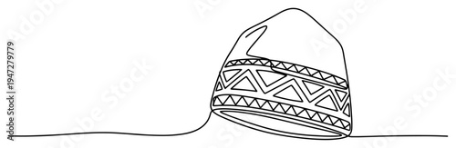 African kufi hat with geometric patterns in minimalist continuous line art style