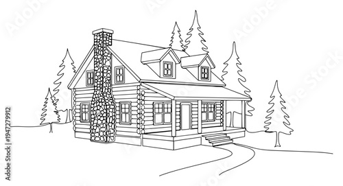 Cozy log cabin with stone chimney surrounded by pine trees in continuous line art style
