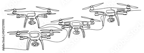Drone swarm flying in formation with cameras in minimalist continuous line art style