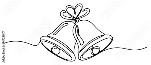 Wedding bells tied with ribbon in minimalist continuous line art style