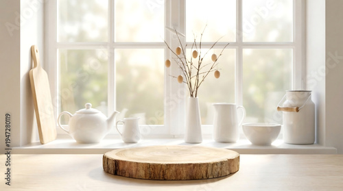 Rustic Wooden Podium on Kitchen Countertop with Morning Window Light for Product Presentation