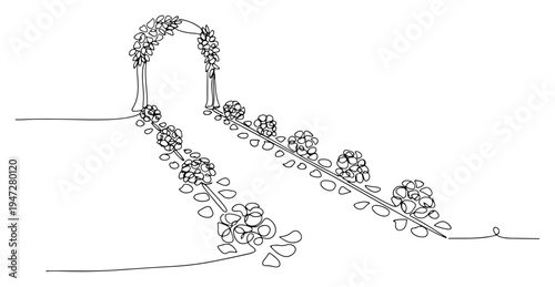 Wedding aisle path with floral arch and flower decorations in minimalist continuous line art style