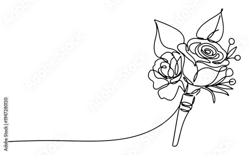 Rose flower boutonniere with leaves in minimalist continuous line art style