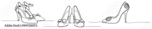 High heeled wedding shoes collection for bride in minimalist continuous line art style