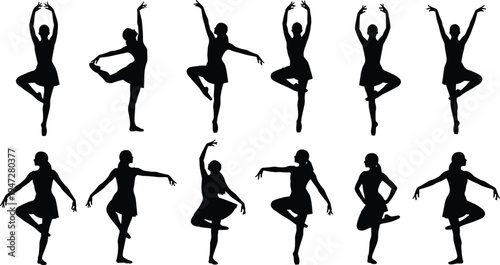 Ballet dancer silhouettes in graceful poses, extended legs, raised arms, balanced stances, flexibility, elegance, choreography, performance, vector illustration