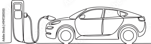 Electric car charging with plug in port outline Keywords: electric car, charging station, sedan