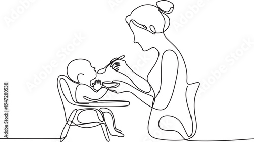 Mother Feeding Baby in High Chair Single Line Drawing