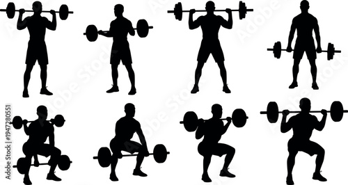 Fitness silhouette vector illustration with barbell exercises, squats, deadlifts, overhead presses, strength training, bodybuilding workout, athletic gym activity