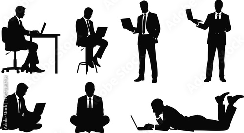   
Laptop silhouettes collection, professional working postures vector illustration, diverse business attire design for remote work inspiration