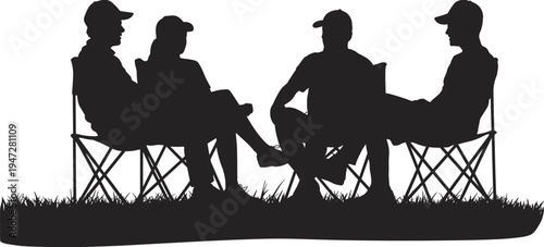 camping friends sitting on folding chairs silhouette, outdoor conversation scene, relaxing people in nature campsite, leisure activity vector illustration