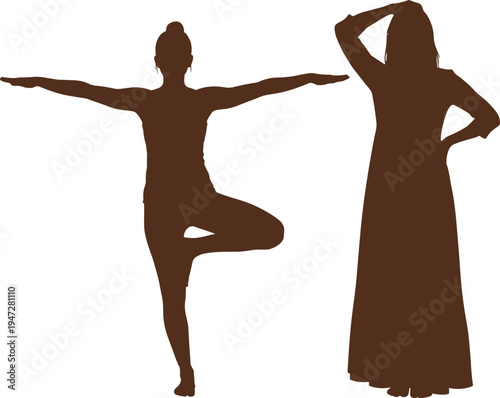 Brown silhouette vector illustration of two individuals, yoga balance tree pose, standing fashion posture, diverse styles, creative artwork, modern design composition