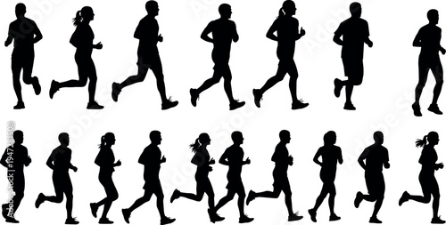 Black silhouette runners in motion, jogging figures, athletic stride artwork, human movement study, biomechanics training illustration vector design