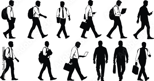 Business men silhouettes walking with briefcases, backpacks, smartphones, laptops, diverse gestures, modern professional lifestyle, communication, vector illustration