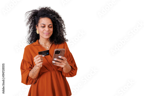 Woman holding credit card and smartphone, shopping online, making secure payment from home with copy space
