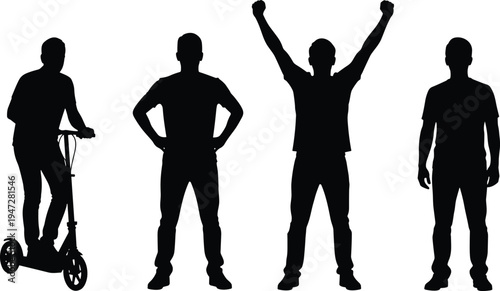   
Four silhouettes of people in varied poses including scooter rider, confident stance, celebratory arms raised, relaxed upright figure illustration