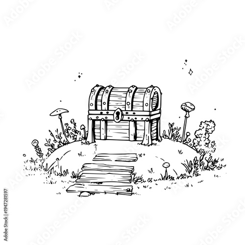 Wooden Treasure Chest in Garden with Path