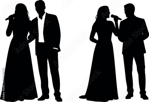 Black silhouette singers and performers on stage, expressive musical poses, diverse entertainment figures, artistic concert illustration vector design