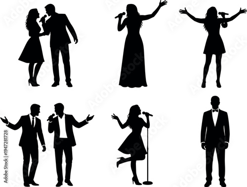 Black silhouette singers and performers on stage, expressive musical poses, diverse entertainment figures, artistic concert illustration vector design