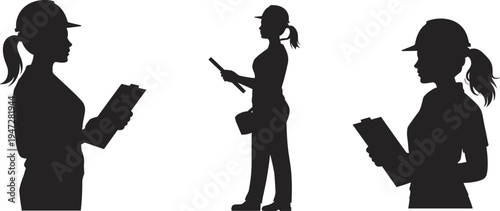 Foto Female construction worker silhouette with helmet holding clipboard and tools, e