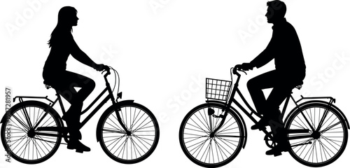 Cyclists silhouettes vector illustration featuring male and female riders, bicycles with basket, casual posture, creative artwork design for background