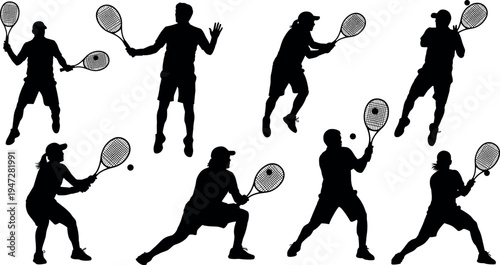 Black silhouette tennis players in dynamic action poses, racket swings, serving, athletic sport figures, competitive game illustration vector design