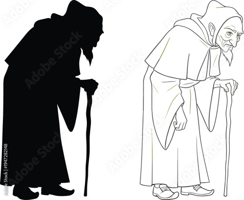 Vector illustration of silhouetted and detailed elderly person with cane symbolizing age, wisdom, identity, diversity, culture, tradition, inclusivity, heritage, and education