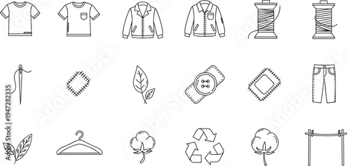 Collection of clothing and sewing icons representing sustainable fashion and textile crafts