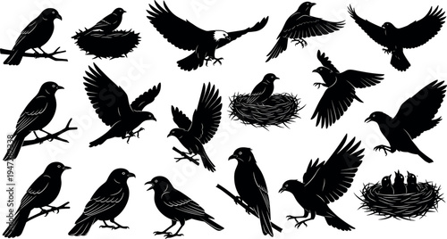 Black silhouette vector illustration of adults walking with children, family dynamics, parenting interaction, diverse poses, social lifestyle concept