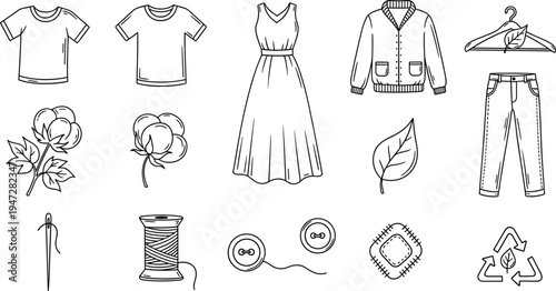 Collection of hand-drawn icons representing sustainable fashion and clothing production elements