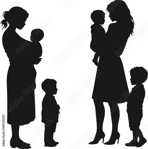 Mother with children silhouette set, parenting and motherhood concept, family love care, woman holding baby with kids illustration