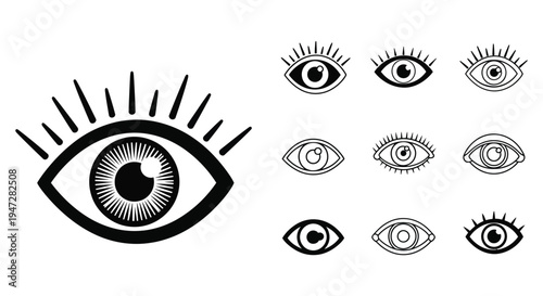 A set of vector eye illustrations showcasing different styles and expressions in black and white, ideal for design and artistic projects