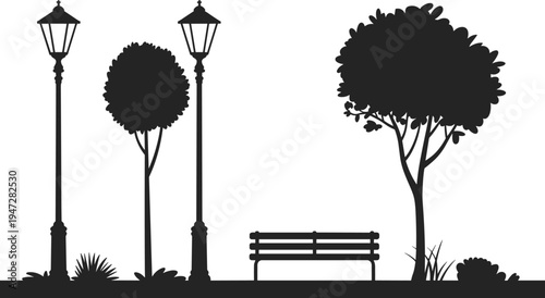 Park landscape silhouette with bench, trees and street lamps, urban garden relaxation area outdoor nature scene illustration