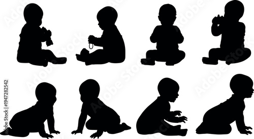 Black silhouette vector illustration of baby in crawling and sitting positions, infant development stages, child growth movement concept background