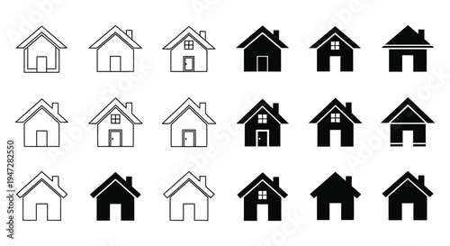 A collection of black and white house icons in various styles and shades, perfect for real estate or architectural designs, with a clean and minimalist aesthetic.