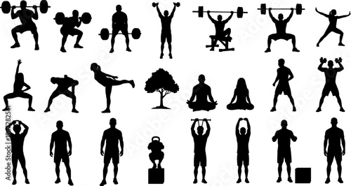 fitness, bodybuilding, silhouette, weightlifting, vector, exercise, gym, athlete, workout, training, yoga, meditation, strength, muscle, lifestyle