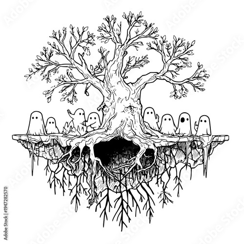 Ghosts Sitting Under Bare Tree with Exposed Roots on White Background