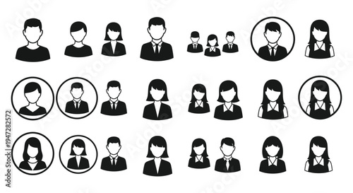 A collection of black silhouette icons featuring a diverse group of business professionals, employees, and people in various poses and hairstyles, set against a clean and simple white background.